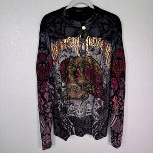 Christian Audigier Y2K Shirt Men Medium Thermal Skull Rose Rhinestone Tattoo NEW